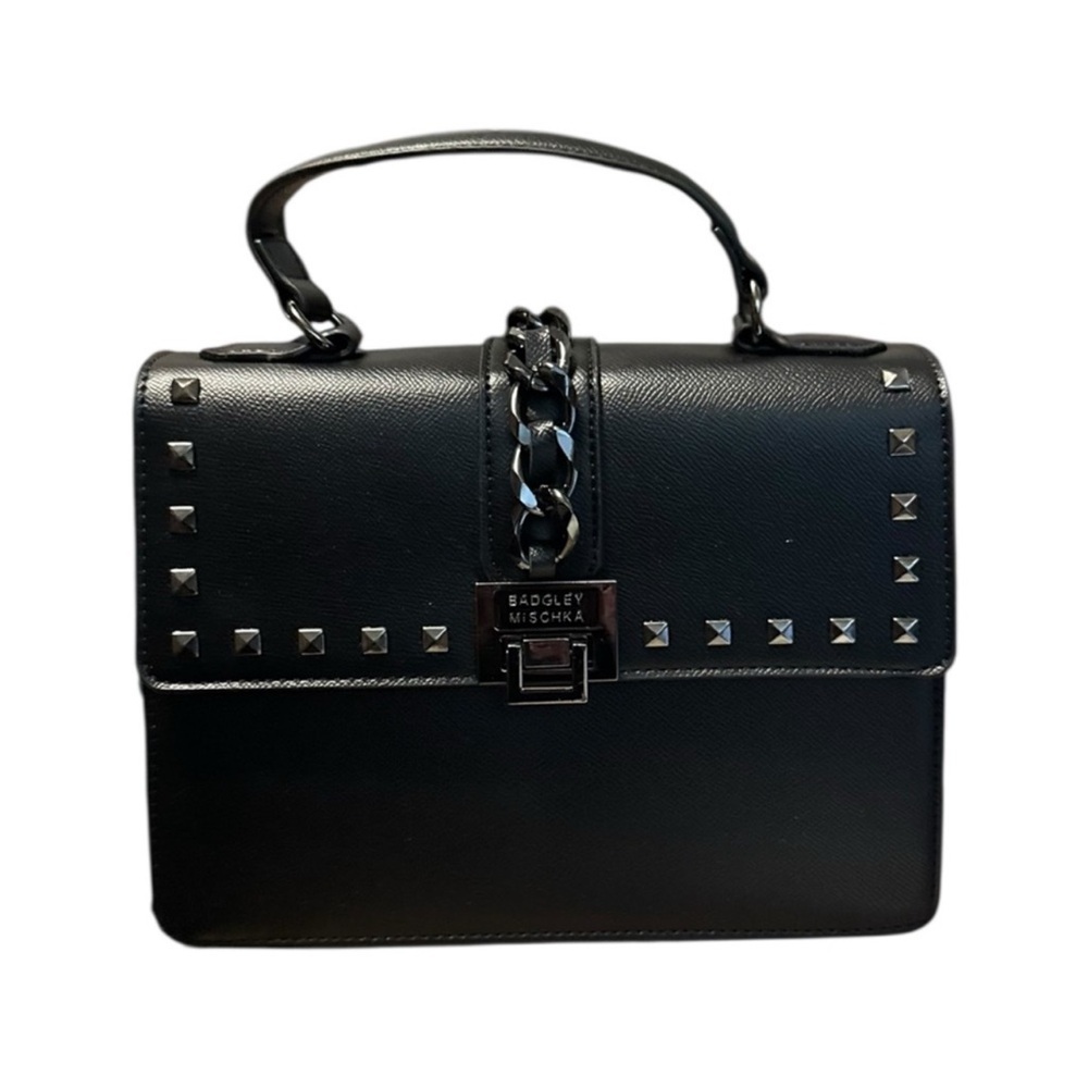 Badgley Mischka Black Dark Metal Studded Satchel Purse